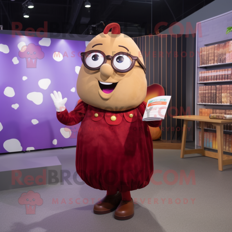 Maroon Potato mascot costume character dressed with a A-Line Dress and Reading glasses