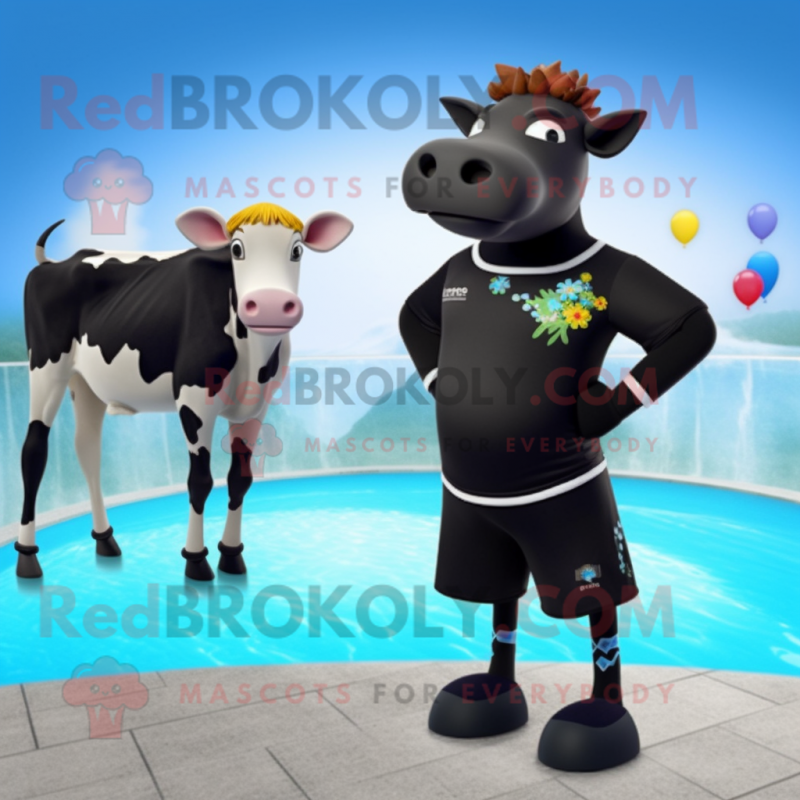 Black Jersey Cow mascot costume character dressed with a One-Piece Swimsuit and Anklets