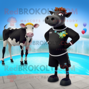Black Jersey Cow mascot costume character dressed with a One-Piece Swimsuit and Anklets