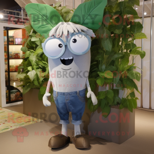 Silver Beanstalk mascot costume character dressed with a Denim Shorts and Eyeglasses