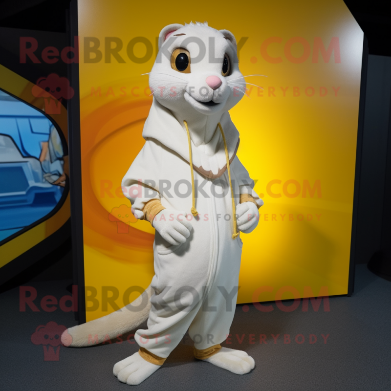 Cream Weasel mascot costume character dressed with a Hoodie and Shawl pins