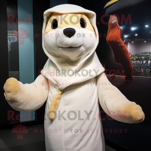Cream Weasel mascot costume character dressed with a Hoodie and Shawl pins