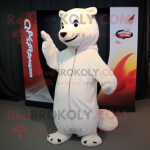 Cream Weasel mascot costume character dressed with a Hoodie and Shawl pins