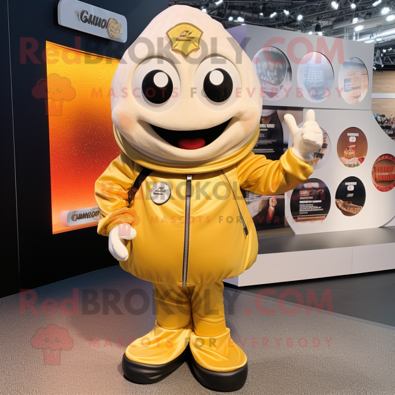 Gold Clam Chowder mascot costume character dressed with a Moto Jacket and Coin purses
