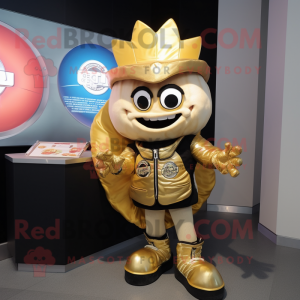 Gold Clam Chowder mascot costume character dressed with a Moto Jacket and Coin purses