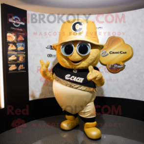 Gold Clam Chowder mascot costume character dressed with a Moto Jacket and Coin purses