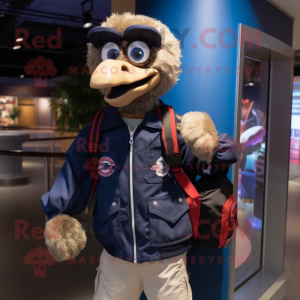 Navy Ostrich mascot costume character dressed with a Bomber Jacket and Backpacks