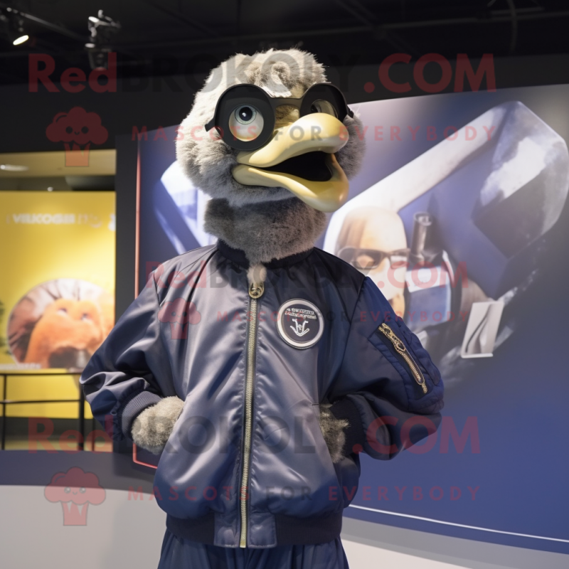 Navy Ostrich mascot costume character dressed with a Bomber Jacket and Backpacks