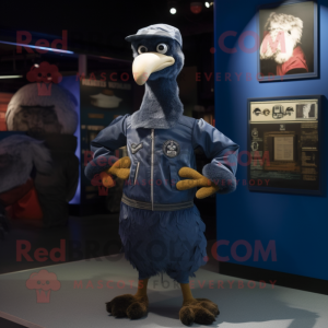 Navy Ostrich mascot costume character dressed with a Bomber Jacket and Backpacks