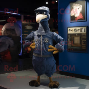 Navy Ostrich mascot costume character dressed with a Bomber Jacket and Backpacks