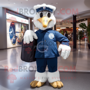 Navy Ostrich mascot costume character dressed with a Bomber Jacket and Backpacks