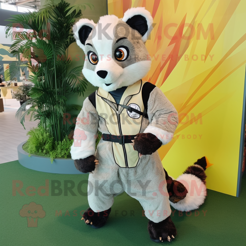 Cream Civet mascot costume character dressed with a Romper and Foot pads