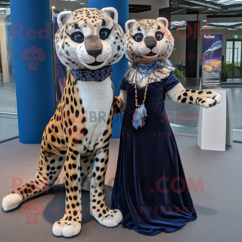 Navy Cheetah mascot costume character dressed with a Maxi Dress and Brooches