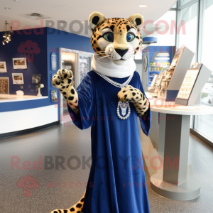 Navy Cheetah mascot costume character dressed with a Maxi Dress and Brooches