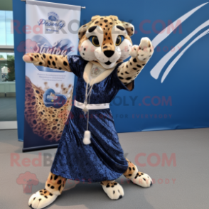 Navy Cheetah mascot costume character dressed with a Maxi Dress and Brooches