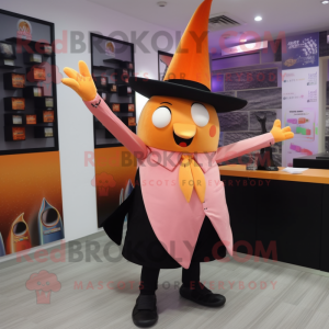 Peach Witch'S Hat mascot costume character dressed with a Suit Pants and Cufflinks