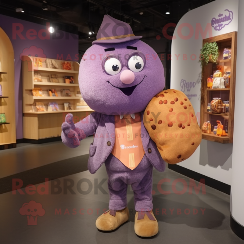 Purple Apricot mascot costume character dressed with a Cardigan and Suspenders