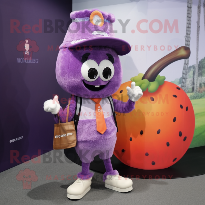 Purple Apricot mascot costume character dressed with a Cardigan and Suspenders