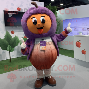 Purple Apricot mascot costume character dressed with a Cardigan and Suspenders