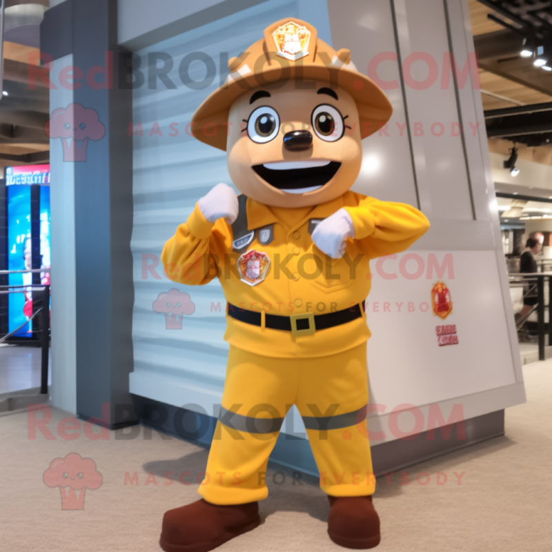 Tan Fire Fighter mascot costume character dressed with a Jeggings and Necklaces