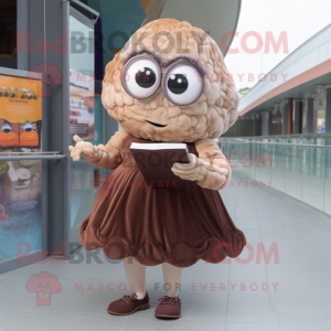 Brown Oyster mascot costume character dressed with a Mini Dress and Reading glasses