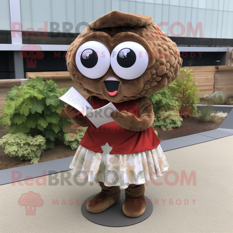 Brown Oyster mascot costume character dressed with a Mini Dress and Reading glasses