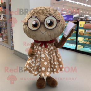 Brown Oyster mascot costume character dressed with a Mini Dress and Reading glasses