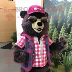 Magenta Spectacled Bear mascot costume character dressed with a Flannel Shirt and Hat pins