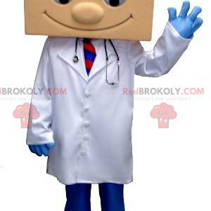 Doktor Maskottchen im Laborkittel mit einem hausförmigen Kopf