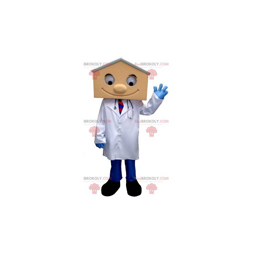 Maskot doktor v laboratorní plášť s hlavou ve tvaru domu -