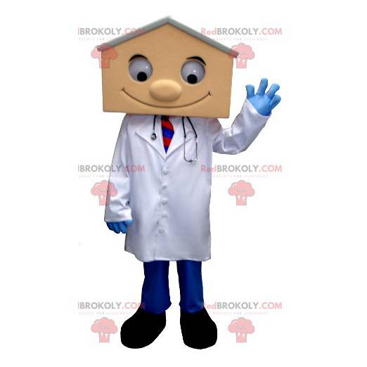 Doktor Maskottchen im Laborkittel mit einem hausförmigen Kopf -