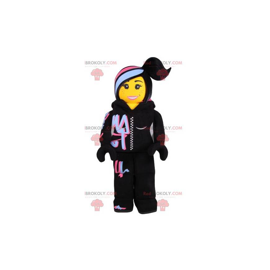 Mascote do rapper playmobil em roupa esportiva preta -