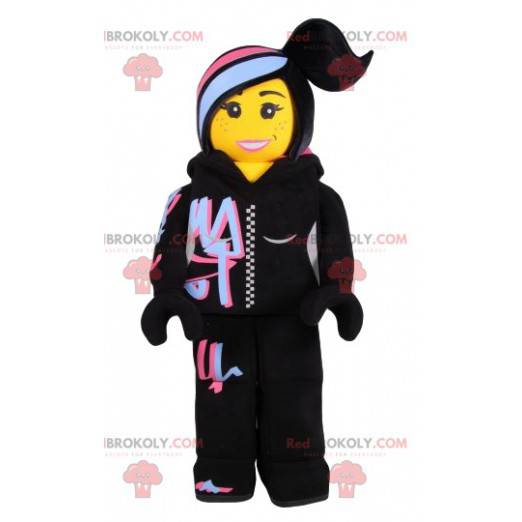 Mascote do rapper playmobil em roupa esportiva preta -
