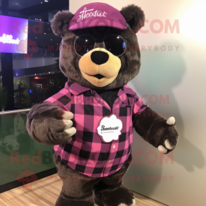 Magenta Spectacled Bear mascot costume character dressed with a Flannel Shirt and Hat pins