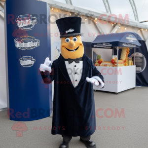Navy Currywurst mascot costume character dressed with a Tuxedo and Hair clips