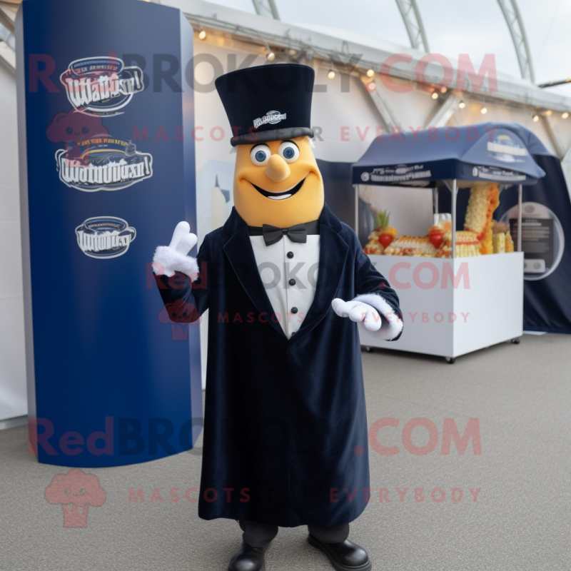 Navy Currywurst mascot costume character dressed with a Tuxedo and Hair clips Navy Currywurst mascot costume character dressed with a Tuxedo and Hair clips