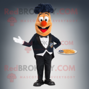 Navy Currywurst mascot costume character dressed with a Tuxedo and Hair clips