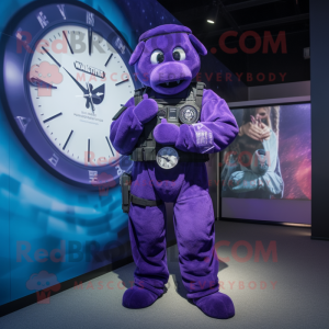 Purple Navy Seal mascot costume character dressed with a Jumpsuit and Digital watches