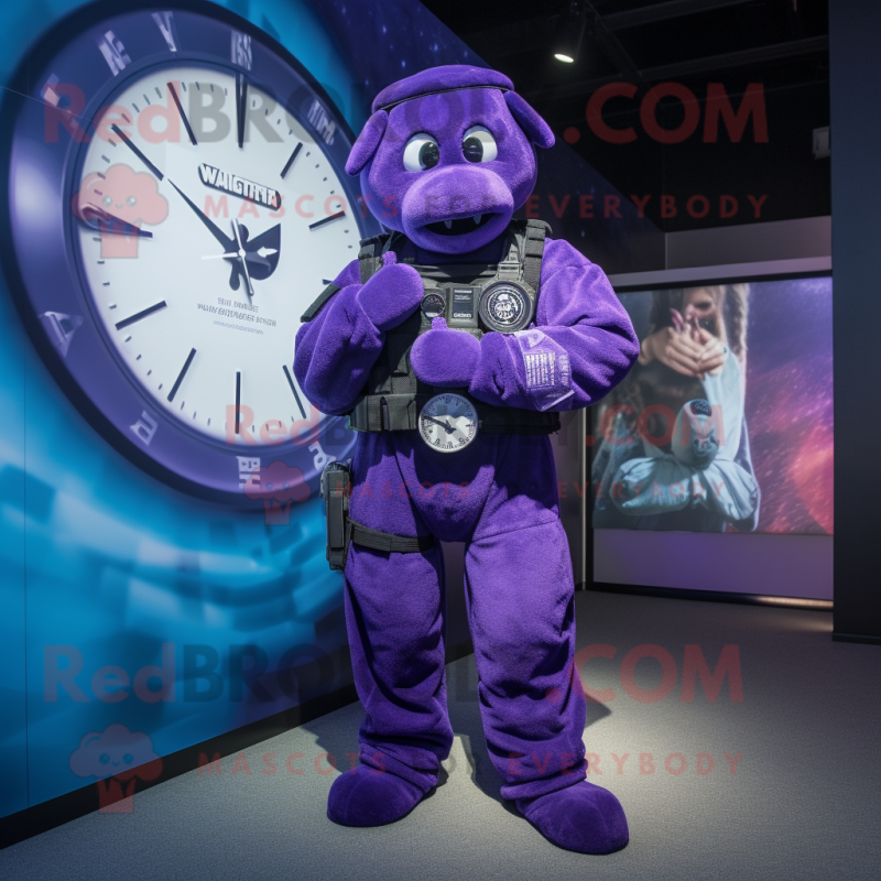 Purple Navy Seal mascot costume character dressed with a Jumpsuit and Digital watches