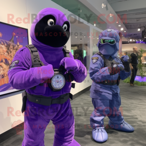 Purple Navy Seal mascot costume character dressed with a Jumpsuit and Digital watches