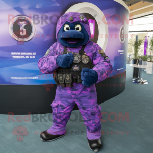 Purple Navy Seal mascot costume character dressed with a Jumpsuit and Digital watches