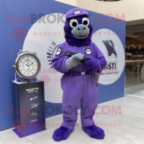 Purple Navy Seal mascot costume character dressed with a Jumpsuit and Digital watches