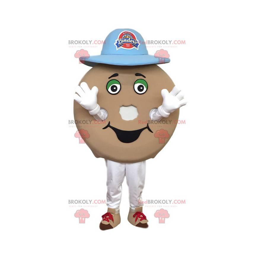 Mascote do bagel com um chapéu azul. Traje de bagel - Mascote do bagel com um chapéu azul. Traje de bagel -