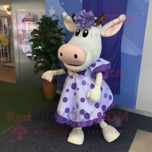 Lavender Cow mascot costume character dressed with a Skirt and Bow ties