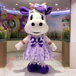 Lavender Cow mascot costume character dressed with a Skirt and Bow ties