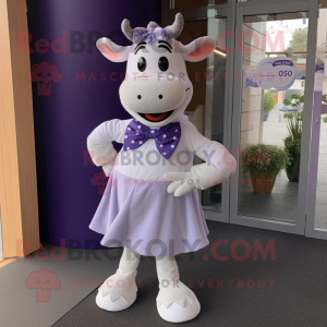 Lavender Cow mascot costume character dressed with a Skirt and Bow ties