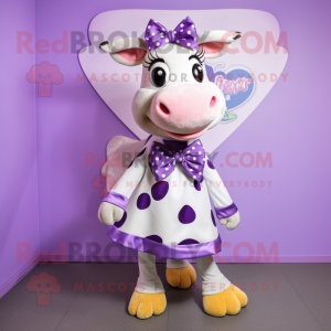 Lavender Cow mascot costume character dressed with a Skirt and Bow ties