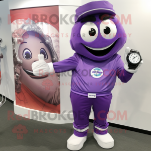 Purple Wrist Watch mascot costume character dressed with a Long Sleeve Tee and Wallets