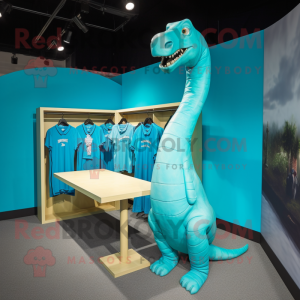 Turquoise Brachiosaurus mascot costume character dressed with a V-Neck Tee and Cummerbunds