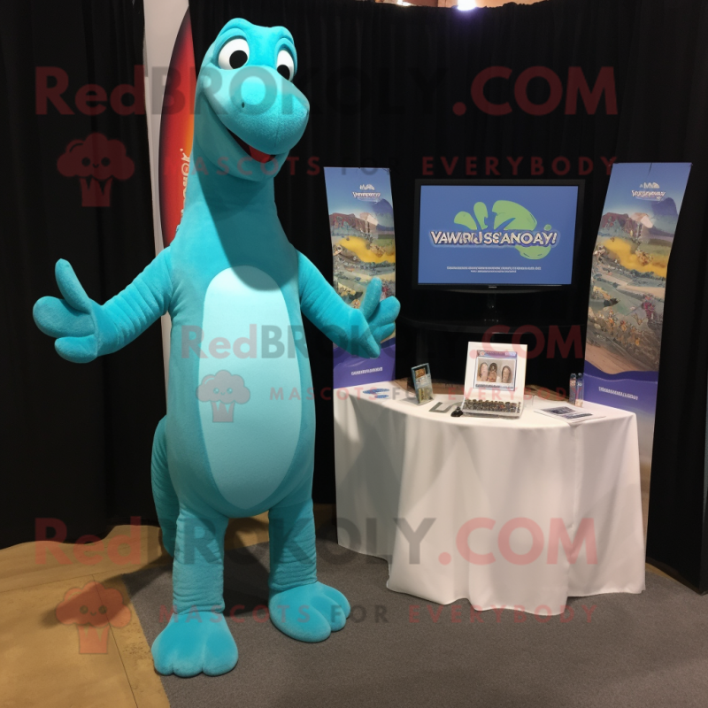Turquoise Brachiosaurus mascot costume character dressed with a V-Neck Tee and Cummerbunds Turquoise Brachiosaurus mascot costume character dressed with a V-Neck Tee and Cummerbunds